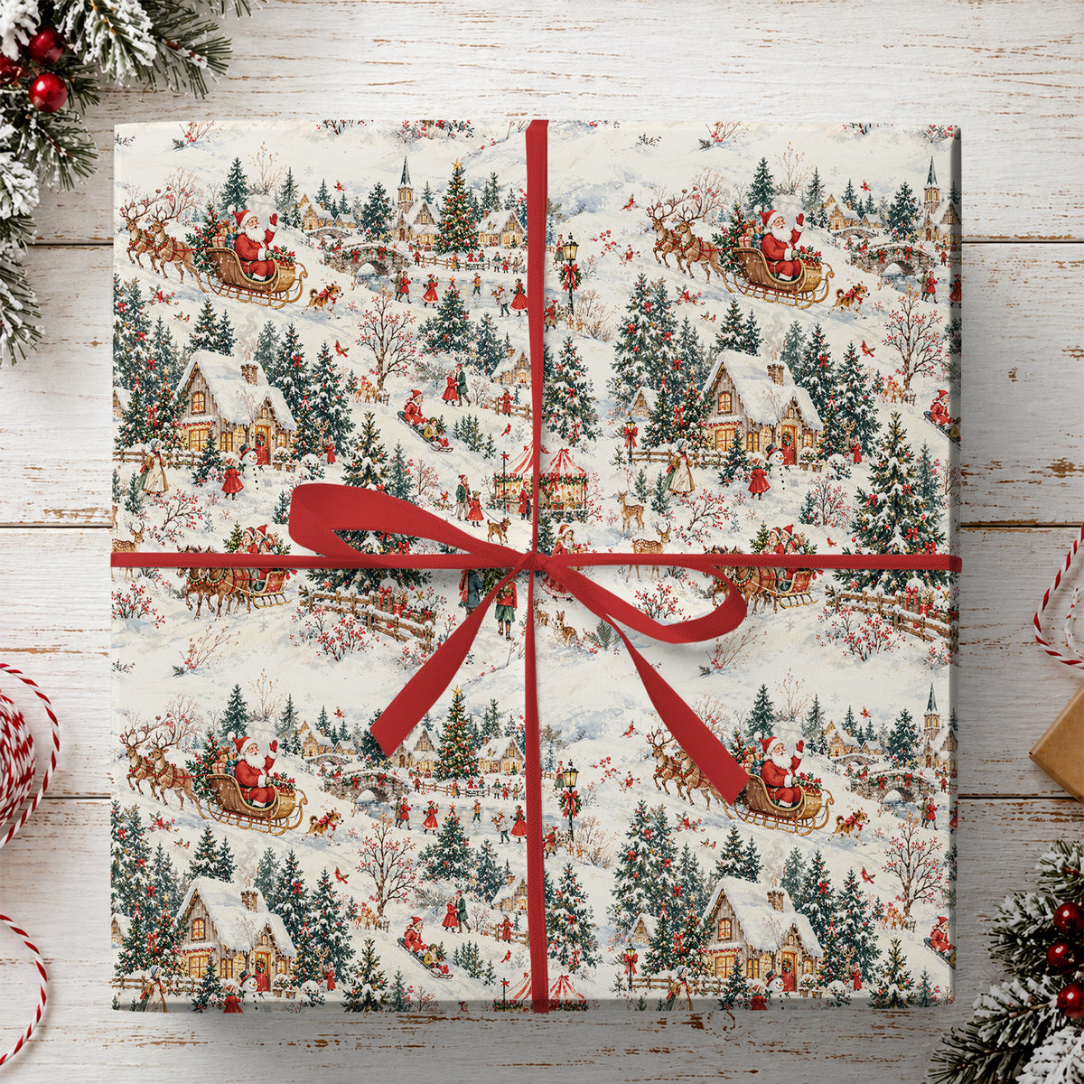 Vintage Christmas Village Wrapping Paper, Santa Sleigh And Reindeer Wrapping Paper Rolls, Xmas Gift Wrap For Reindeer Lover