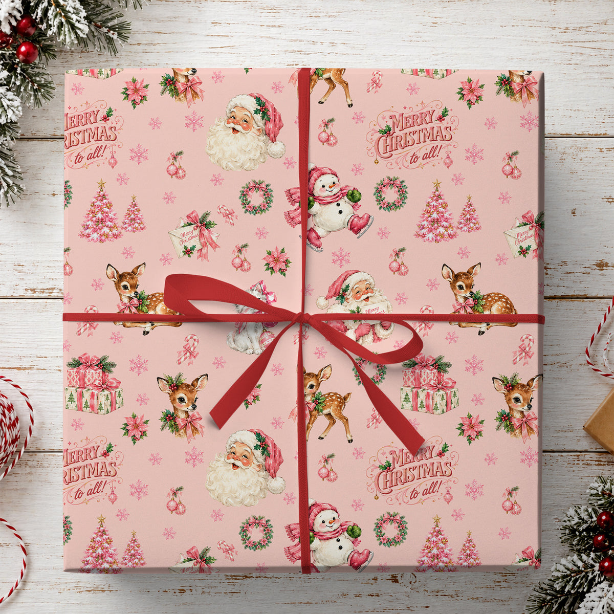 Cute Christmas Wrapping Paper, Merry Little To All Pink Wrapping Paper Rolls, Xmas Gift Wrap For Reindeer Lover