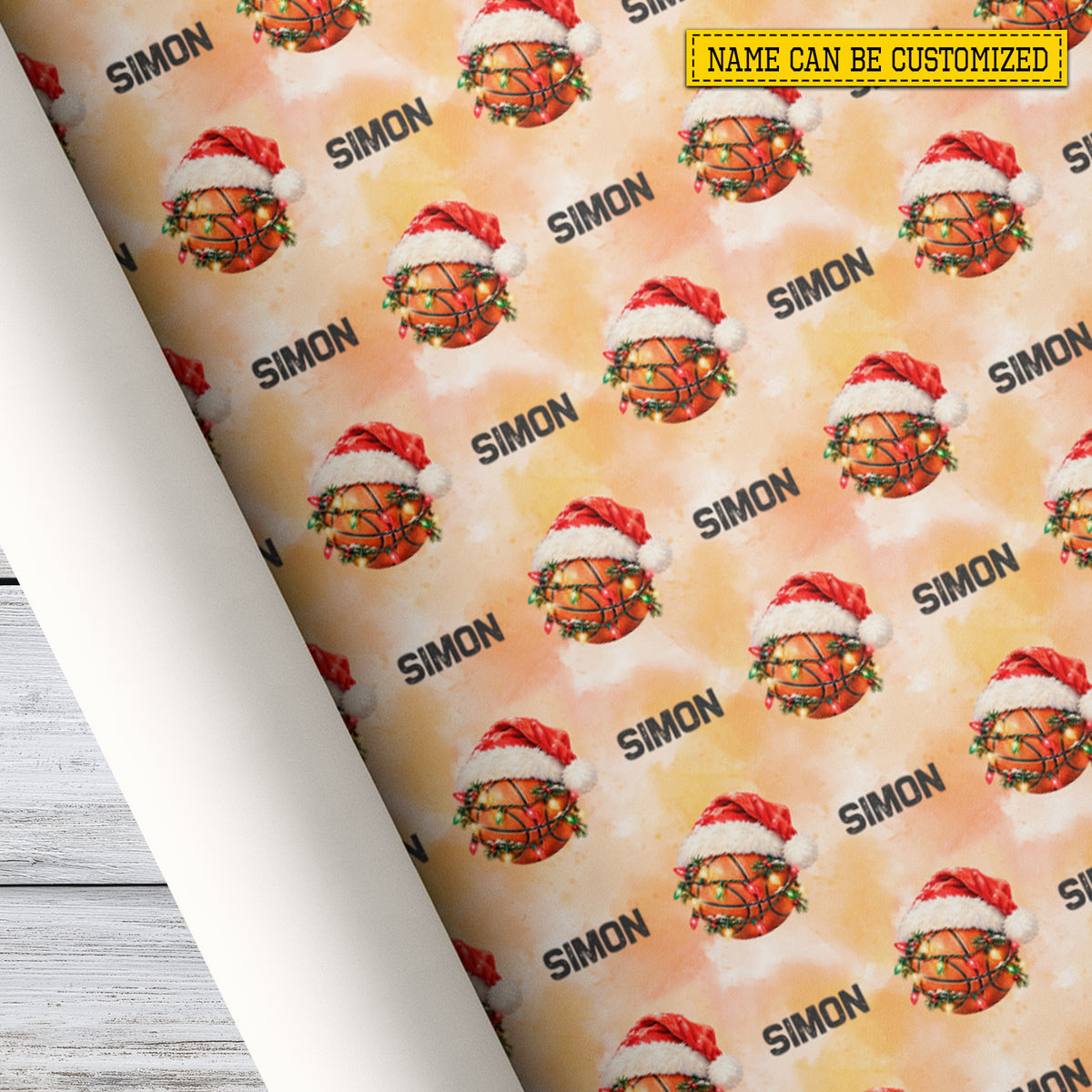 Personalized Christmas Basketball Wrapping Paper, Basketball With Santa Hat And Christmas Lights Wrapping Paper Rolls, Xmas Gift Wrap For Basketball Lover