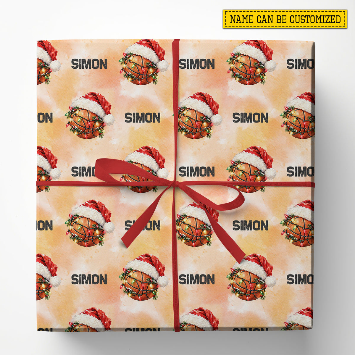 Personalized Christmas Basketball Wrapping Paper, Basketball With Santa Hat And Christmas Lights Wrapping Paper Rolls, Xmas Gift Wrap For Basketball Lover