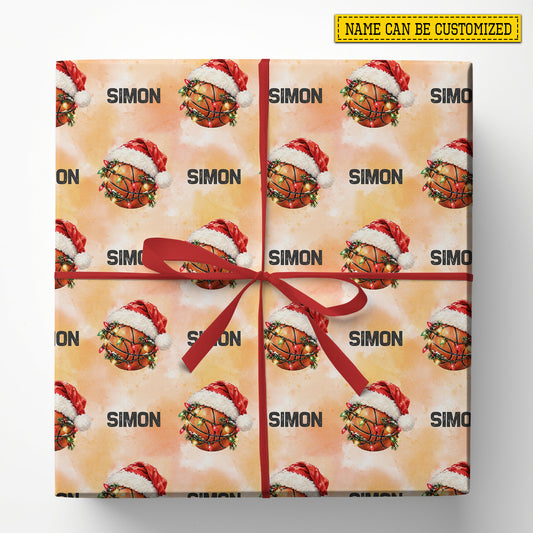 Personalized Christmas Basketball Wrapping Paper, Basketball With Santa Hat And Christmas Lights Wrapping Paper Rolls, Xmas Gift Wrap For Basketball Lover