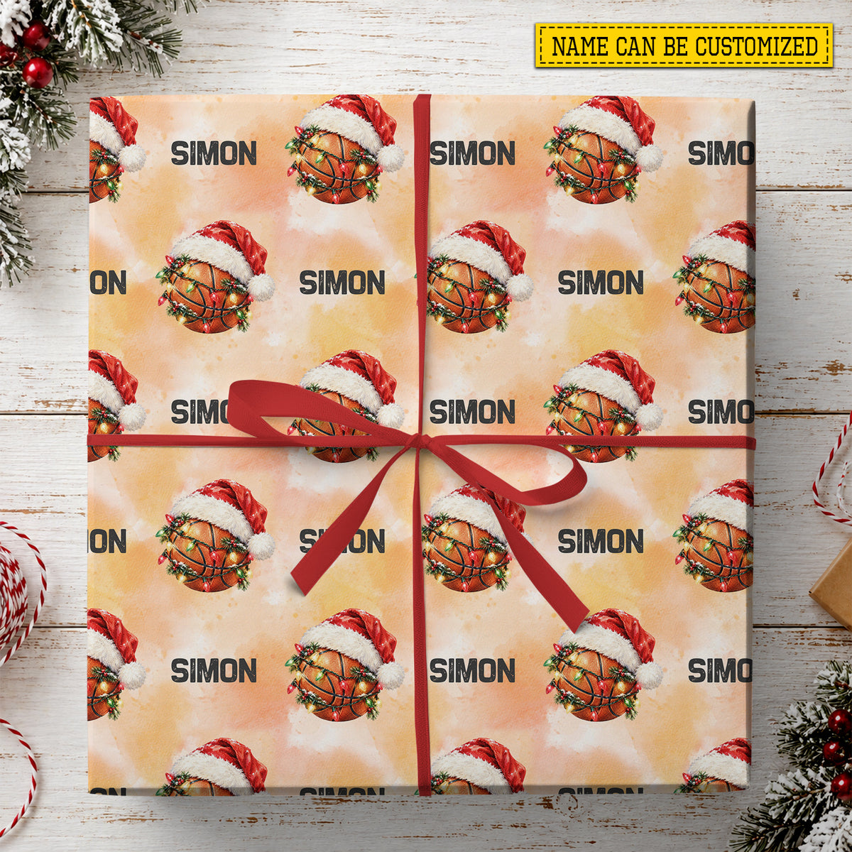 Personalized Christmas Basketball Wrapping Paper, Basketball With Santa Hat And Christmas Lights Wrapping Paper Rolls, Xmas Gift Wrap For Basketball Lover