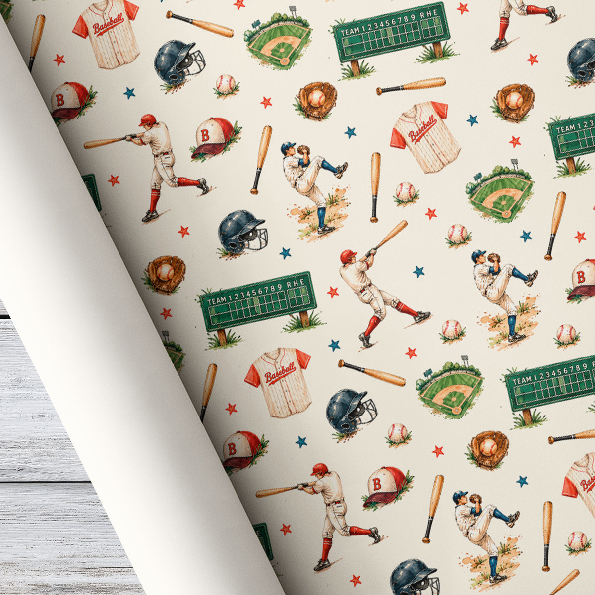 Vintage Baseball Wrapping Paper, Baseball Player And Equipment Wrapping Paper Rolls, Gift Wrap For Baseball Lover