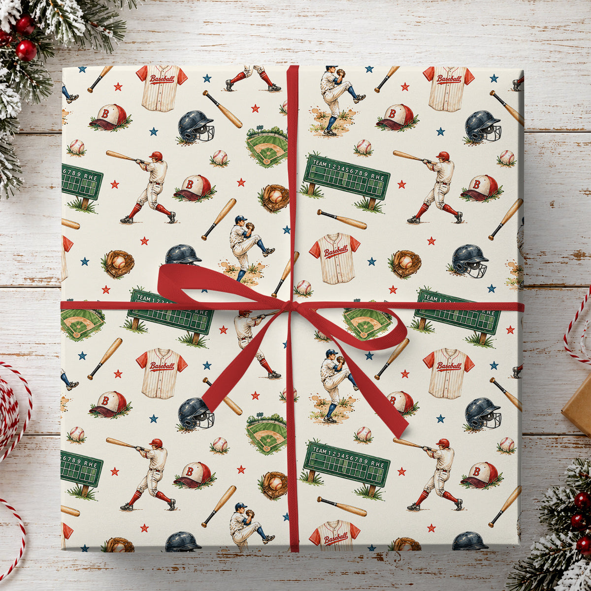 Vintage Baseball Wrapping Paper, Baseball Player And Equipment Wrapping Paper Rolls, Gift Wrap For Baseball Lover