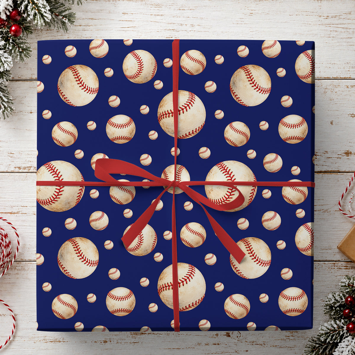 Vintage Baseball Wrapping Paper, Baseballs On Navy Blue Wrapping Paper Rolls, Gift Wrap For Baseball Lover
