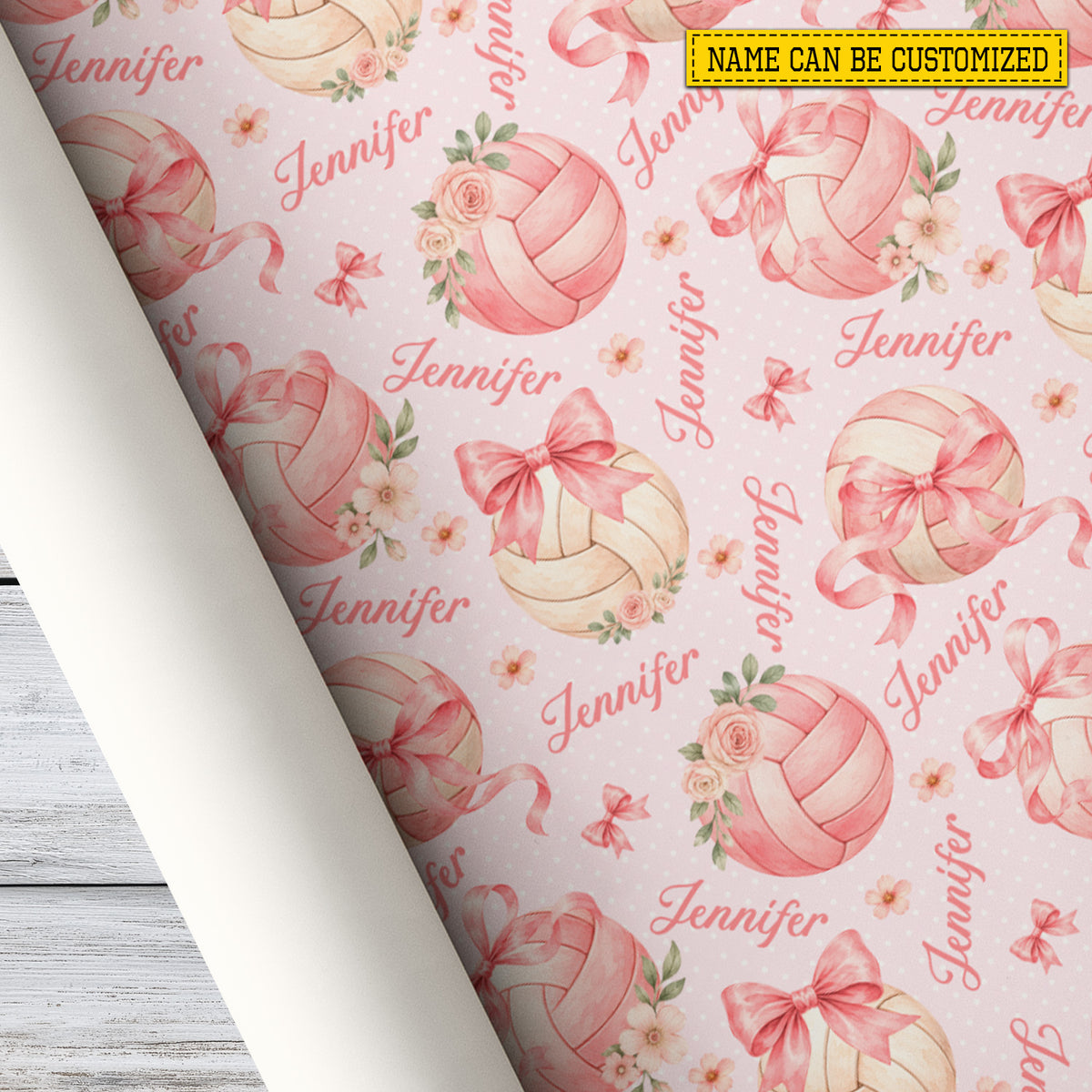 Personalized Volleyball Wrapping Paper, Pink Bow And Floral Wrapping Paper Rolls, Gift Wrap For Volleyball Lover