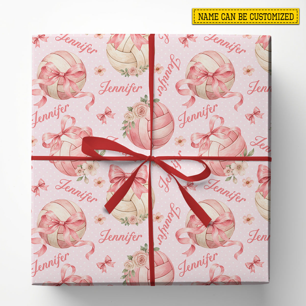 Personalized Volleyball Wrapping Paper, Pink Bow And Floral Wrapping Paper Rolls, Gift Wrap For Volleyball Lover