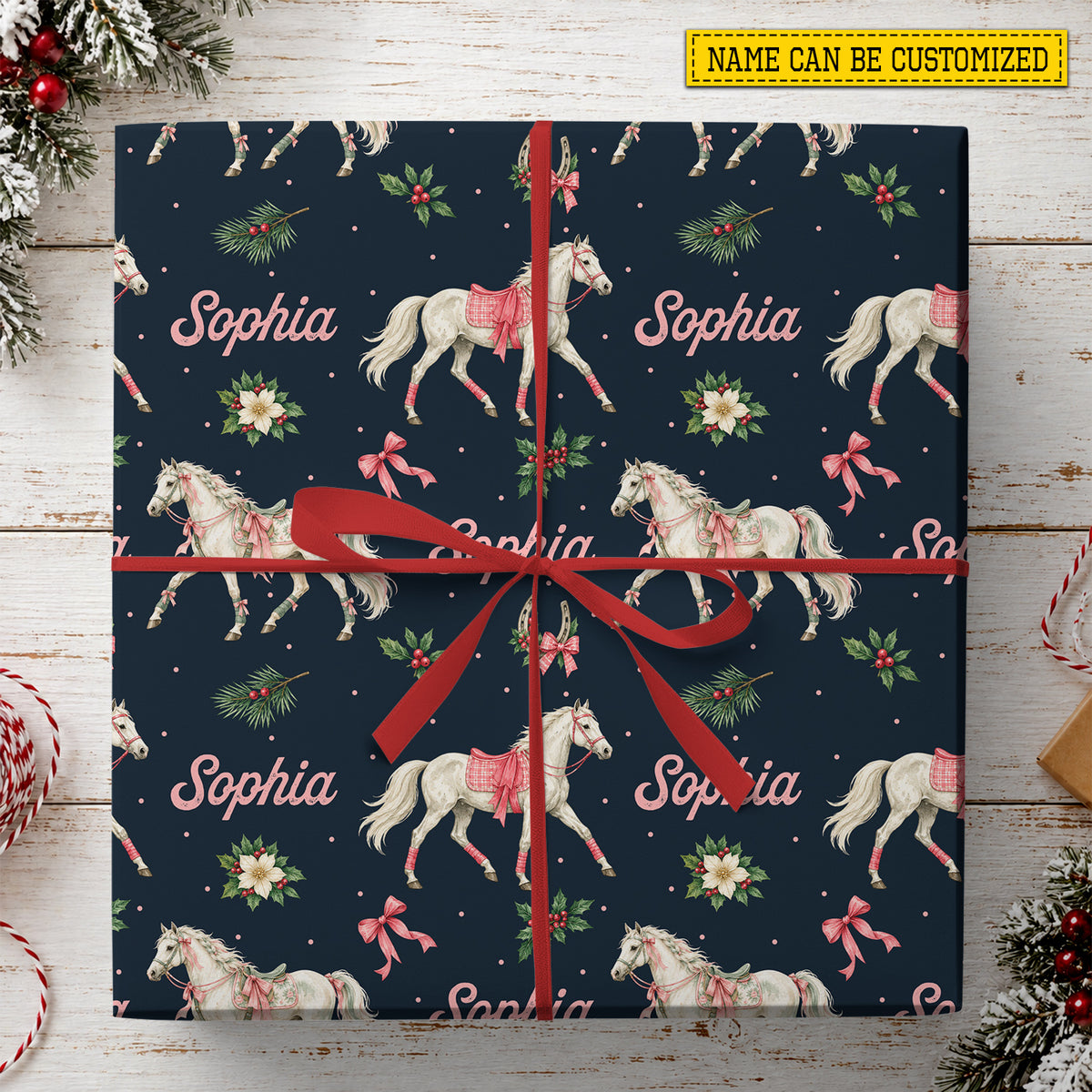 Personalized Christmas Horse Wrapping Paper, White Horses And Pink Bows On Navy Wrapping Paper Rolls, Xmas Gift Wrap For Horse Lover