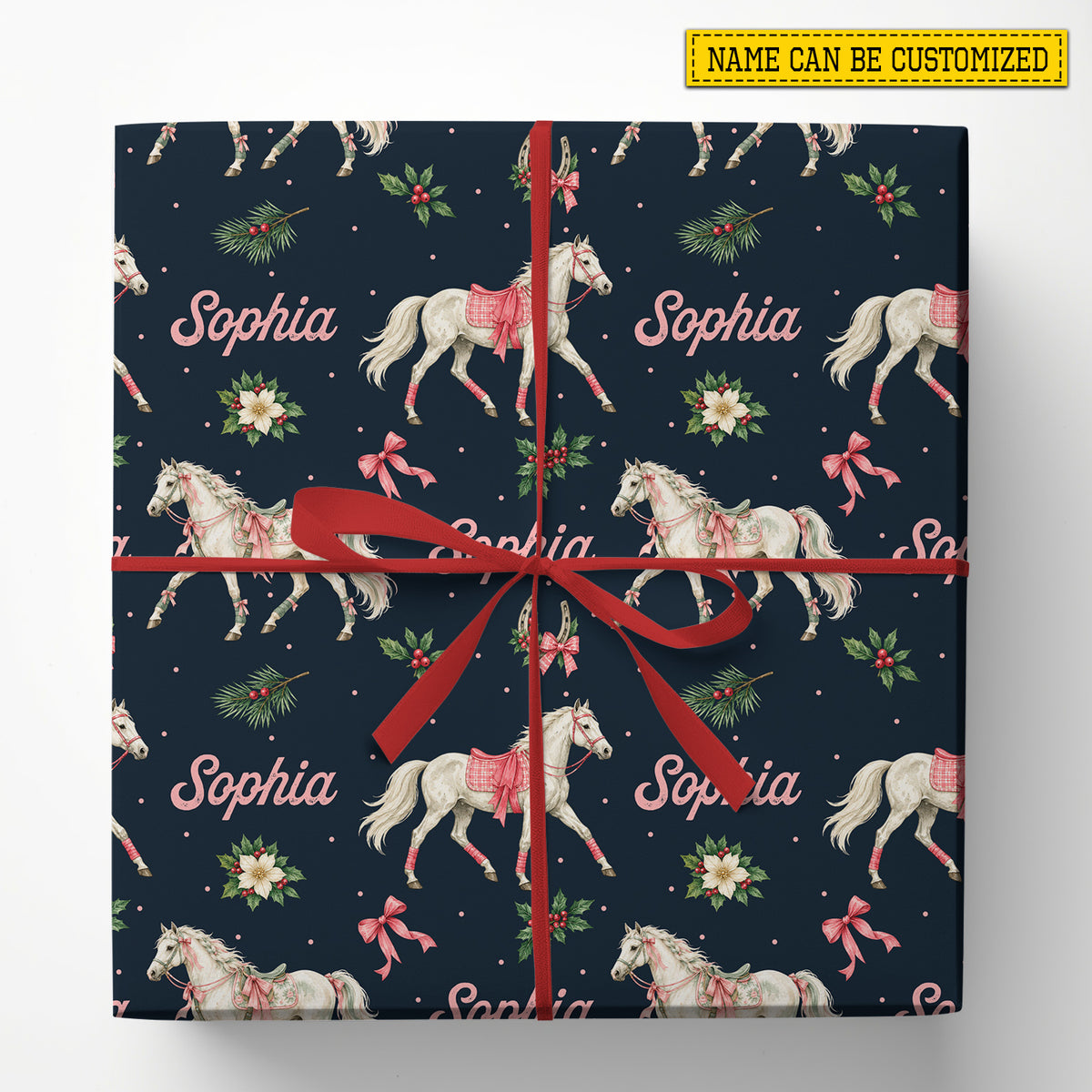 Personalized Christmas Horse Wrapping Paper, White Horses And Pink Bows On Navy Wrapping Paper Rolls, Xmas Gift Wrap For Horse Lover