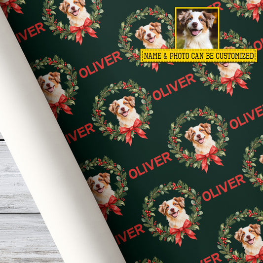 Personalized Christmas Dog Wrapping Paper, Wreathed In Woofs Wrapping Paper Rolls, Xmas Gift Wrap For Dog Lover