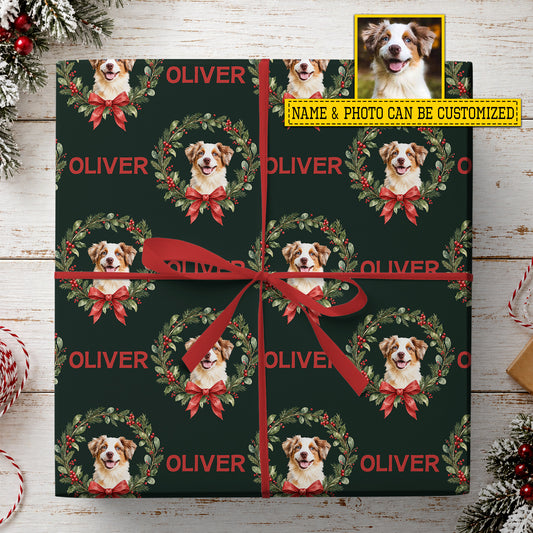 Personalized Christmas Dog Wrapping Paper, Wreathed In Woofs Wrapping Paper Rolls, Xmas Gift Wrap For Dog Lover