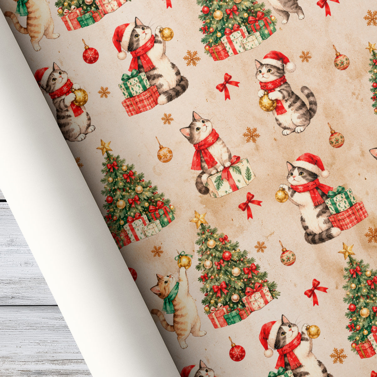Vintage Christmas Cat Wrapping Paper, Kittens In Santa Hats With Christmas Trees Wrapping Paper Rolls, Xmas Gift Wrap For Cat Lover