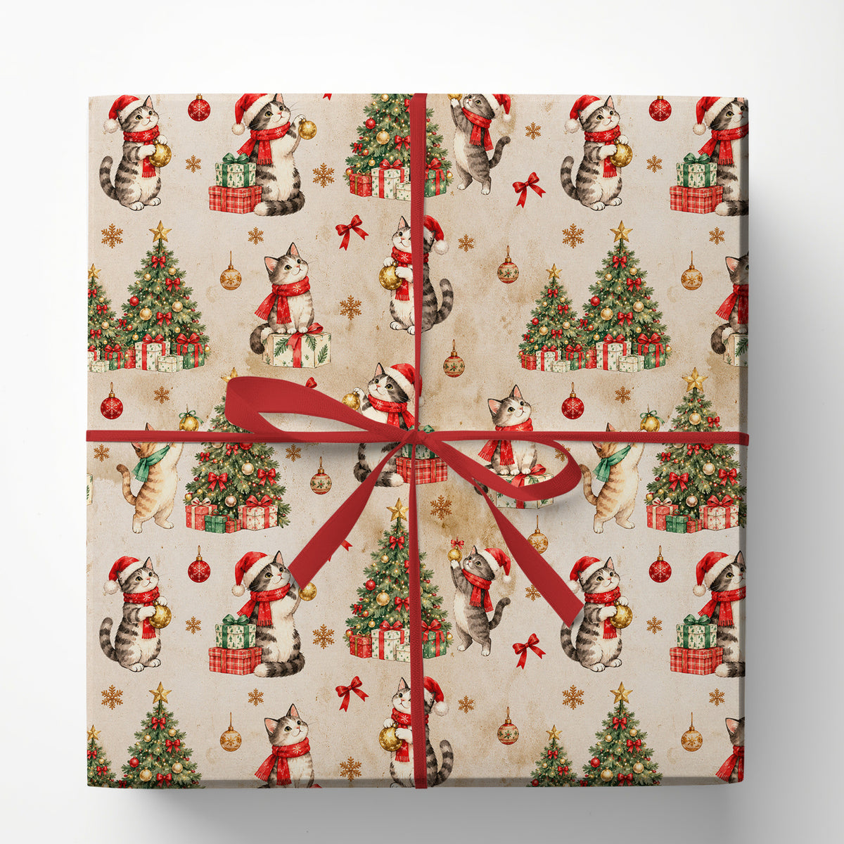 Vintage Christmas Cat Wrapping Paper, Kittens In Santa Hats With Christmas Trees Wrapping Paper Rolls, Xmas Gift Wrap For Cat Lover