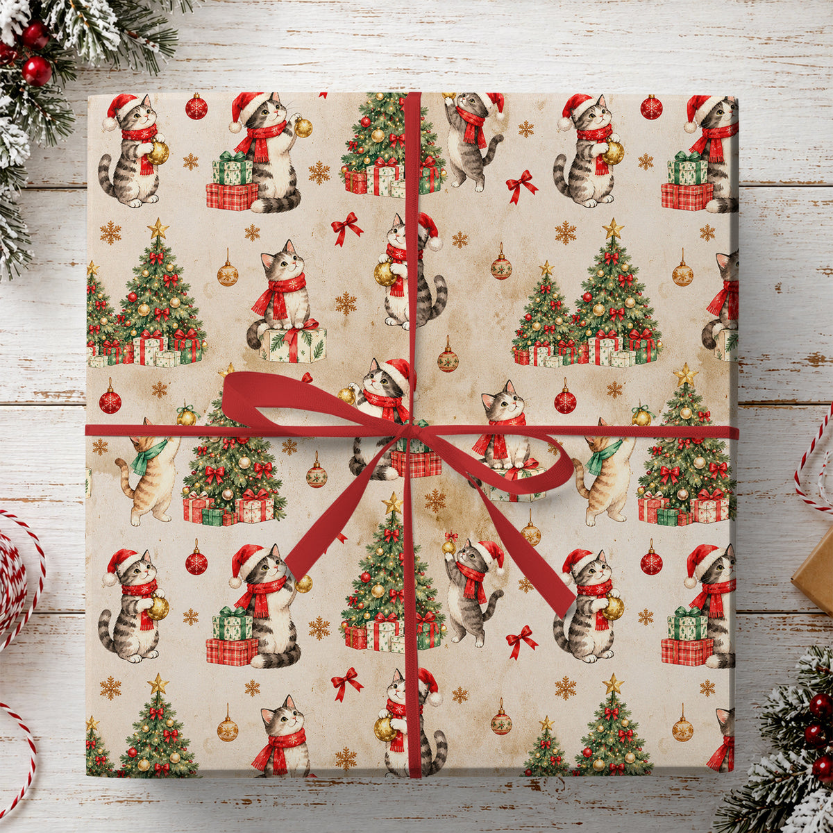 Vintage Christmas Cat Wrapping Paper, Kittens In Santa Hats With Christmas Trees Wrapping Paper Rolls, Xmas Gift Wrap For Cat Lover