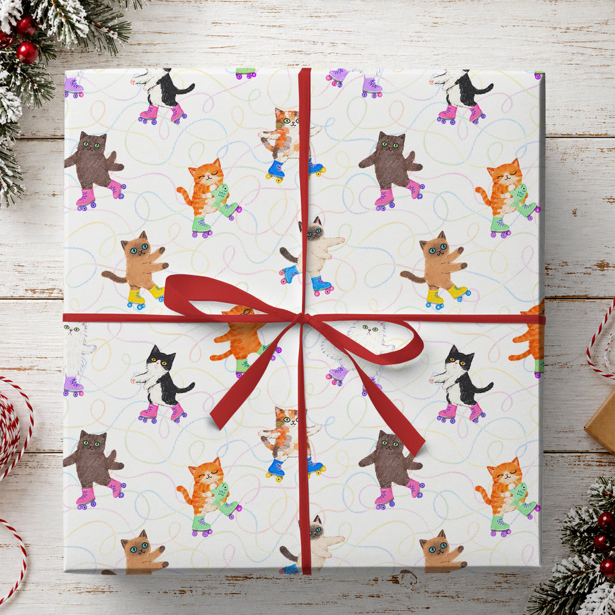 Funny Roller Skating Cats Wrapping Paper, Kittens On Roller Skates Wrapping Paper Rolls, Gift Wrap For Cat Lover