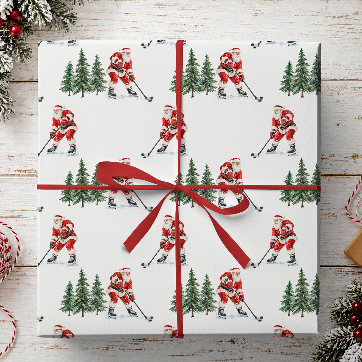 Christmas Hockey Wrapping Paper, Santa Claus Playing Ice Hockey Wrapping Paper Rolls, Xmas Gift Wrap For Hockey Lover