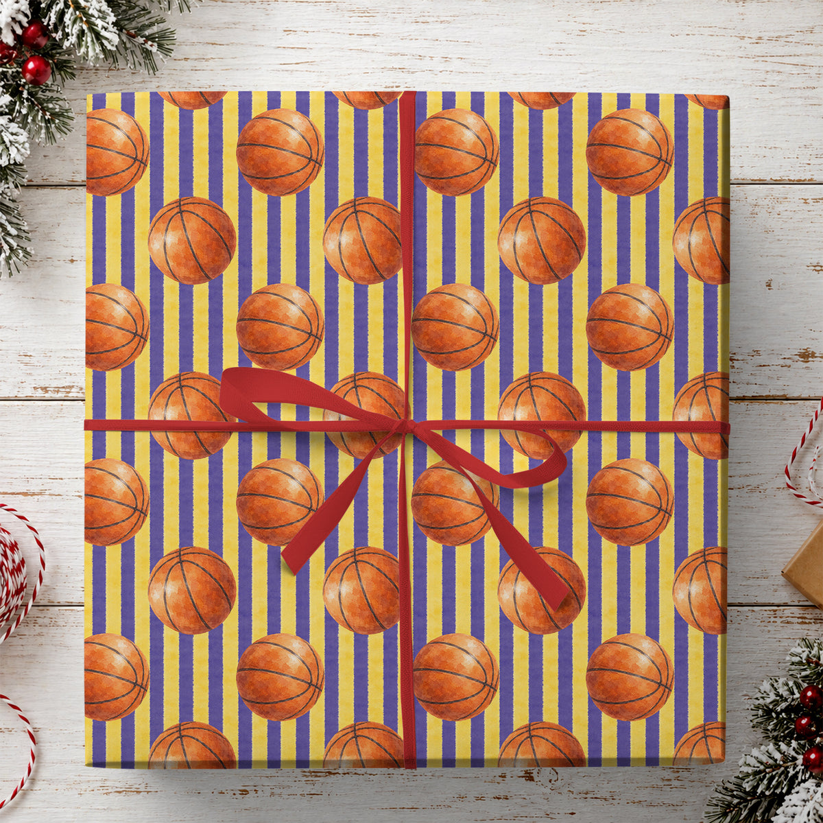 Retro Basketball Wrapping Paper, Purple And Gold Striped Basketball Wrapping Paper Rolls, Gift Wrap For Basketball Lover