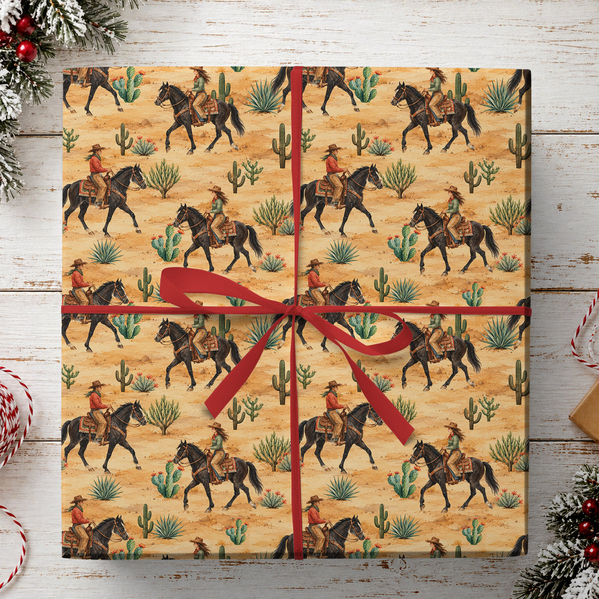 Western Cowgirl Wrapping Paper, Vintage Cowboy and Cowgirl Horse Riding Wrapping Paper Rolls, Rustic Southwestern Desert Cactus Xmas Gift Wrap For Cowgirls