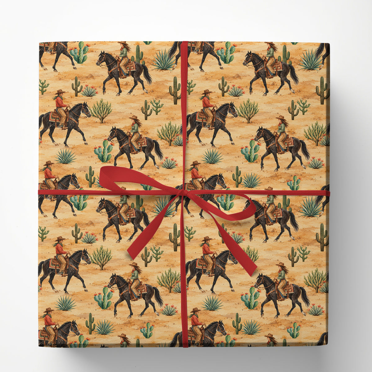 Western Cowgirl Wrapping Paper, Vintage Cowboy and Cowgirl Horse Riding Wrapping Paper Rolls, Rustic Southwestern Desert Cactus Xmas Gift Wrap For Cowgirls