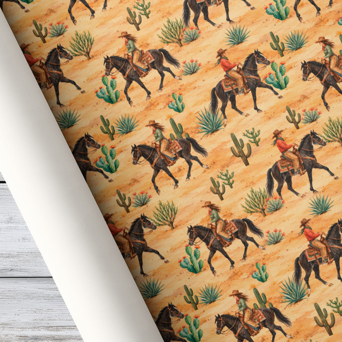 Western Cowgirl Wrapping Paper, Vintage Cowboy and Cowgirl Horse Riding Wrapping Paper Rolls, Rustic Southwestern Desert Cactus Xmas Gift Wrap For Cowgirls