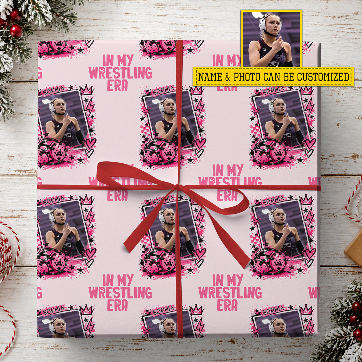 Personalized Wrestling Wrapping Paper, In My Wrestling Era Pink Wrapping Paper Rolls, Gift Wrap For Wrestling Lover