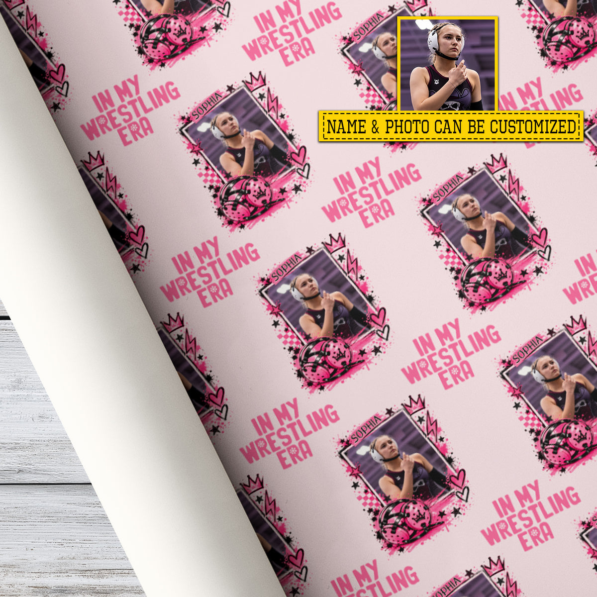 Personalized Wrestling Wrapping Paper, In My Wrestling Era Pink Wrapping Paper Rolls, Gift Wrap For Wrestling Lover