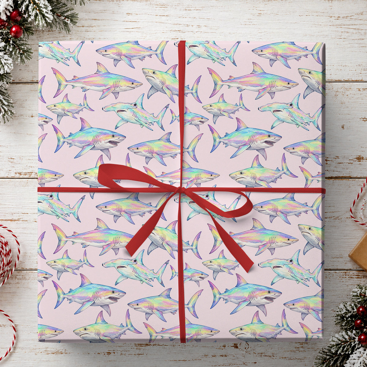 Rainbow Shark Wrapping Paper, Iridescent Pastel Sharks Wrapping Paper Rolls, Birthday Xmas Wrapping Paper For Fishing Lovers