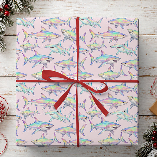 Rainbow Shark Wrapping Paper, Iridescent Pastel Sharks Wrapping Paper Rolls, Birthday Xmas Wrapping Paper For Fishing Lovers