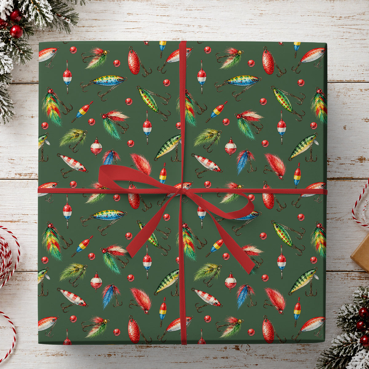 Fishing Lures Christmas Wrapping Paper, Fishing Bait Hooks and Bobbers Wrapping Paper Rolls, Birthday Xmas Wrapping Paper For Fishing Lovers