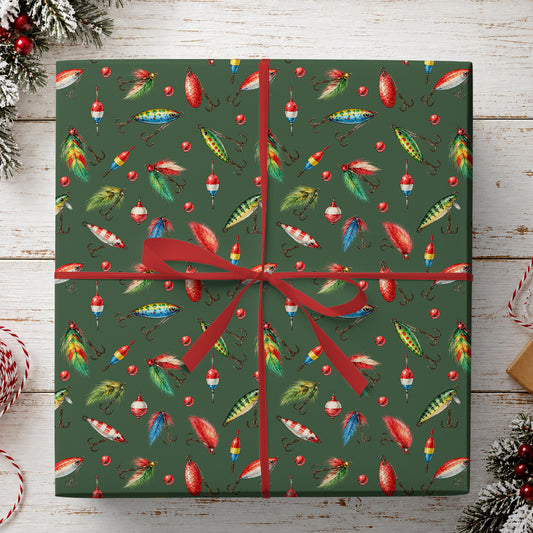 Fishing Lures Christmas Wrapping Paper, Fishing Bait Hooks and Bobbers Wrapping Paper Rolls, Birthday Xmas Wrapping Paper For Fishing Lovers