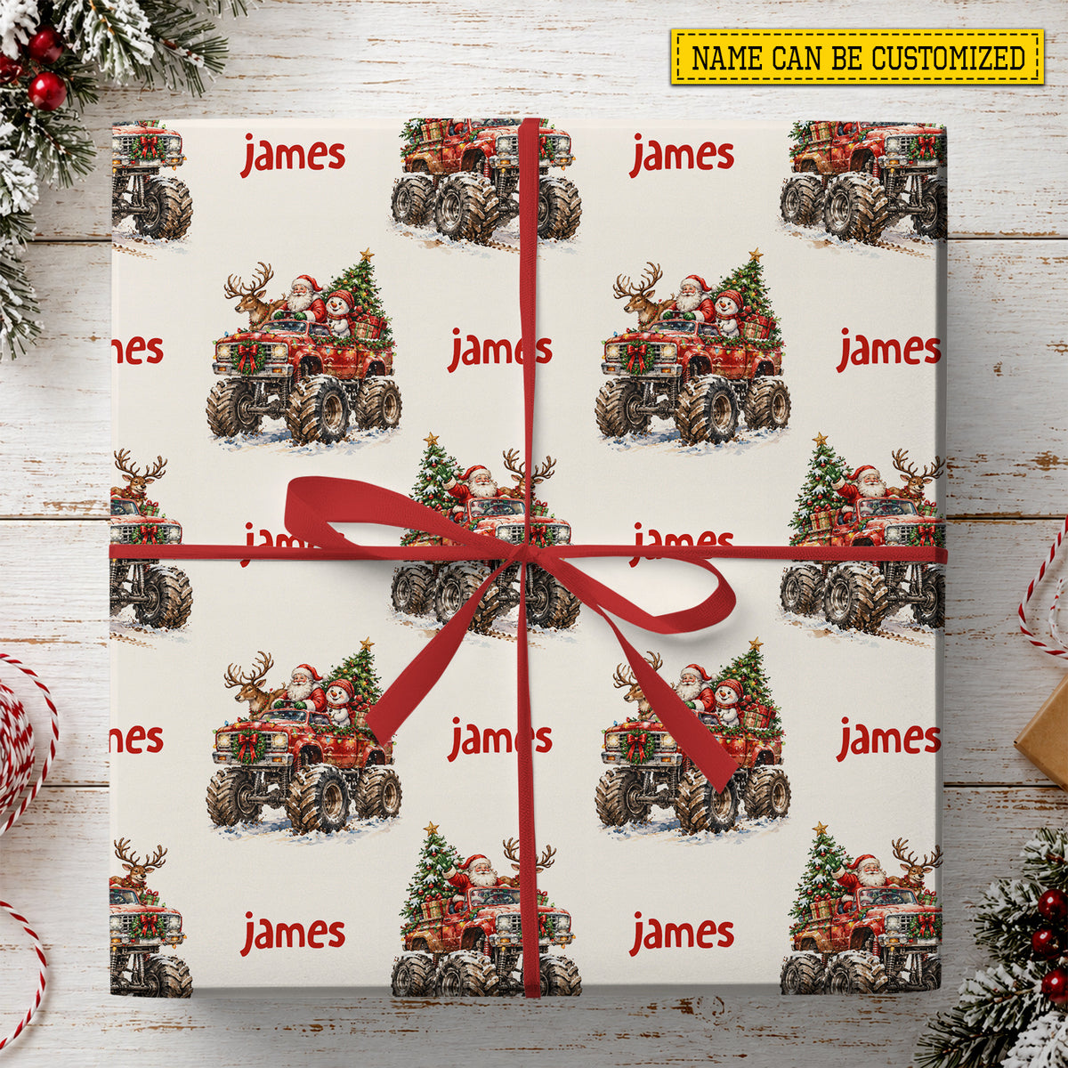 Personalized Christmas Monster Truck Wrapping Paper, Santa Claus Driving Lifted Truck Wrapping Paper Rolls, Xmas Gift Wrap For Kids