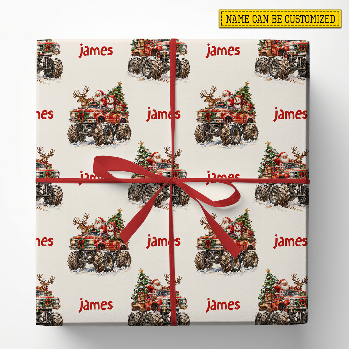 Personalized Christmas Monster Truck Wrapping Paper, Santa Claus Driving Lifted Truck Wrapping Paper Rolls, Xmas Gift Wrap For Kids