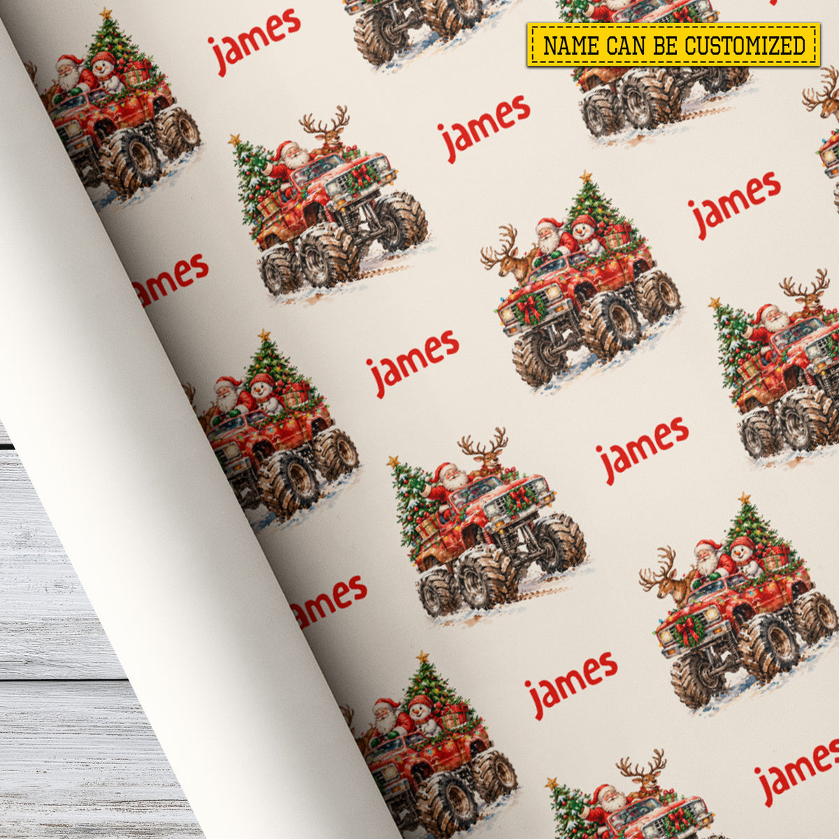 Personalized Christmas Monster Truck Wrapping Paper, Santa Claus Driving Lifted Truck Wrapping Paper Rolls, Xmas Gift Wrap For Kids