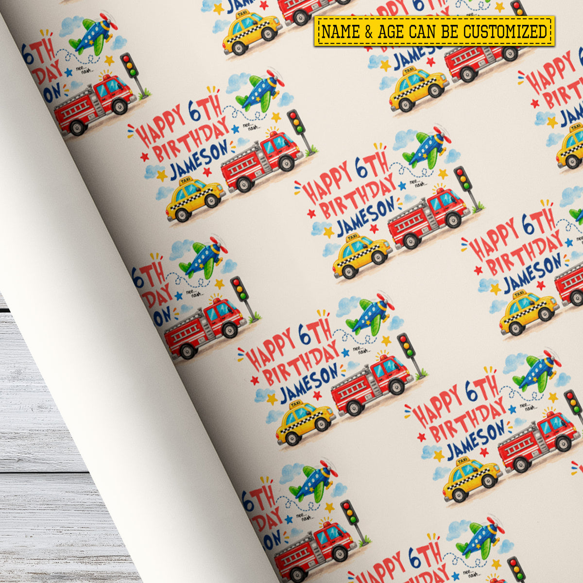 Personalized Transportation Birthday Wrapping Paper, Fire Trucks, Taxis And Airplanes Wrapping Paper Rolls, Birthday Gift Wrap For Kid