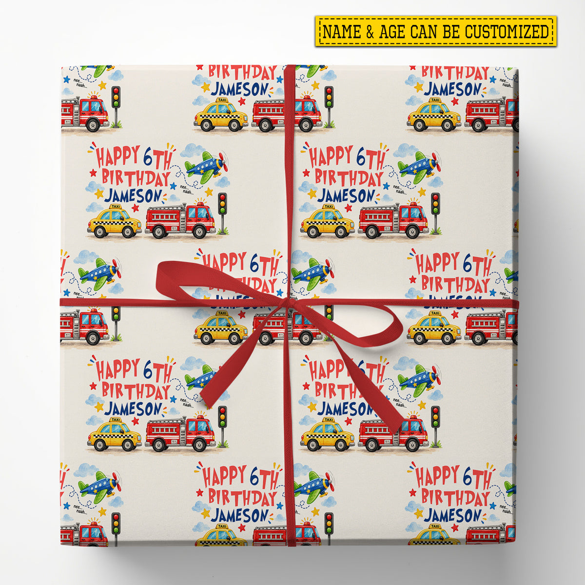 Personalized Transportation Birthday Wrapping Paper, Fire Trucks, Taxis And Airplanes Wrapping Paper Rolls, Birthday Gift Wrap For Kid