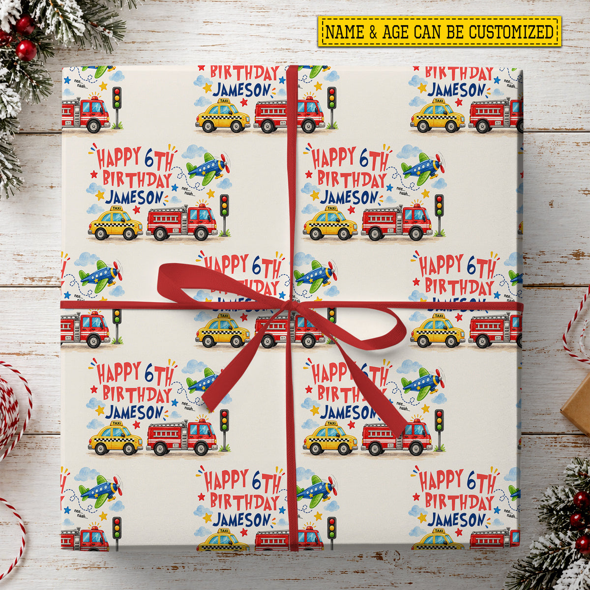 Personalized Transportation Birthday Wrapping Paper, Fire Trucks, Taxis And Airplanes Wrapping Paper Rolls, Birthday Gift Wrap For Kid