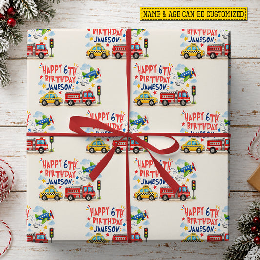 Personalized Transportation Birthday Wrapping Paper, Fire Trucks, Taxis And Airplanes Wrapping Paper Rolls, Birthday Gift Wrap For Kid