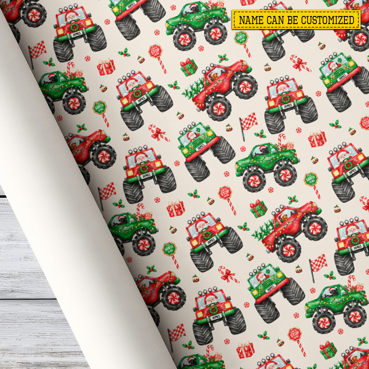 Personalized Christmas Monster Truck Wrapping Paper, Santa Driving Red And Green Monster Trucks Wrapping Paper Rolls, Xmas Gift Wrap For Monster Truck Lover