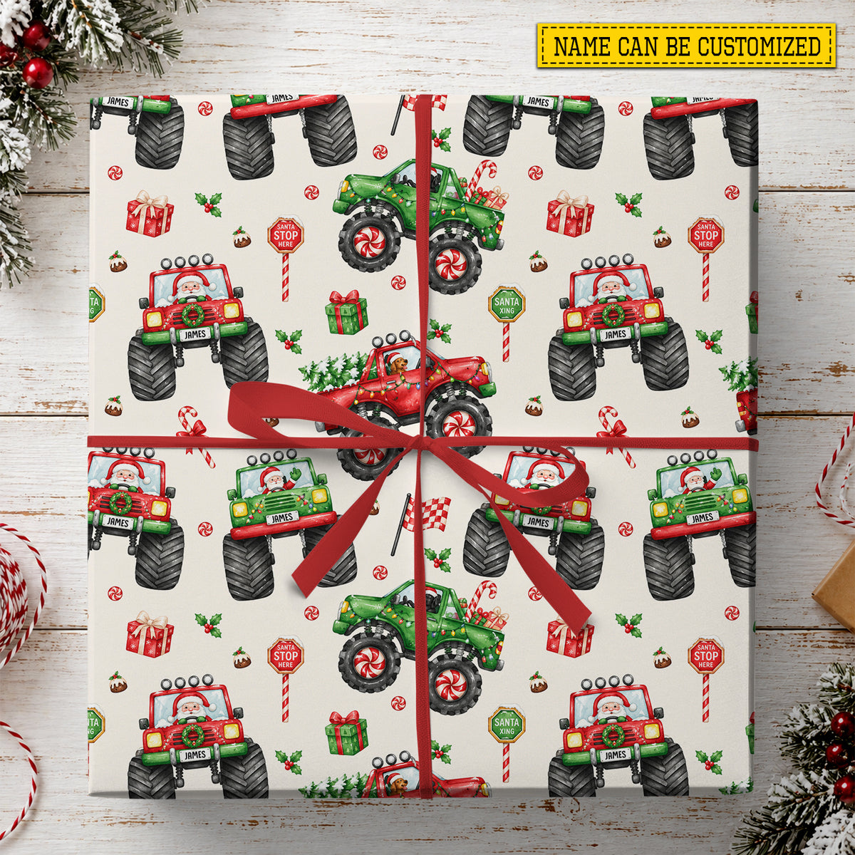 Personalized Christmas Monster Truck Wrapping Paper, Santa Driving Red And Green Monster Trucks Wrapping Paper Rolls, Xmas Gift Wrap For Monster Truck Lover