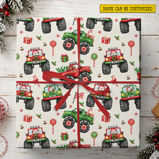 Personalized Christmas Monster Truck Wrapping Paper, Santa Driving Red And Green Monster Trucks Wrapping Paper Rolls, Xmas Gift Wrap For Monster Truck Lover