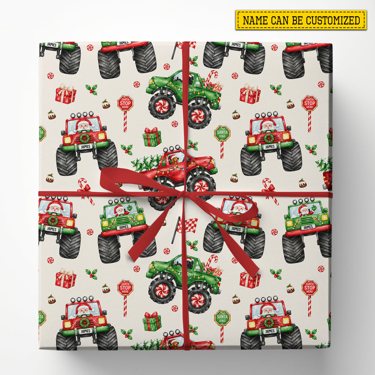 Personalized Christmas Monster Truck Wrapping Paper, Santa Driving Red And Green Monster Trucks Wrapping Paper Rolls, Xmas Gift Wrap For Monster Truck Lover