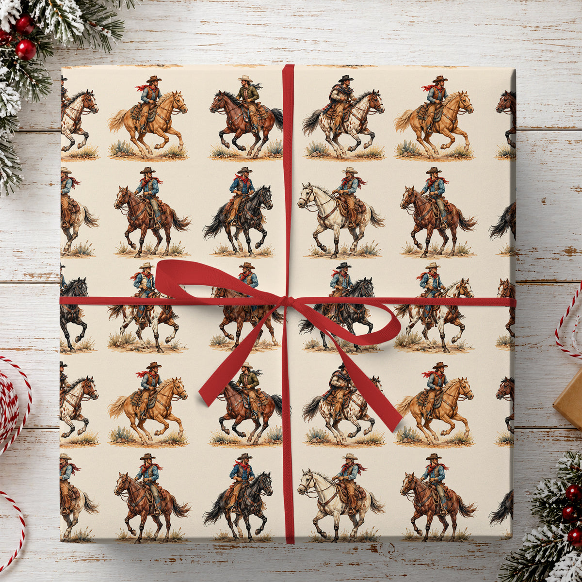 Western Cowboy Wrapping Paper, Cowboys Riding Horses Wrapping Paper Rolls, Xmas Gift Wrap For Cowboys