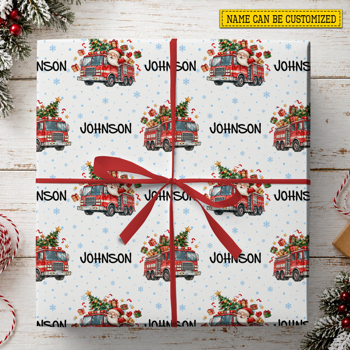 Personalized Christmas Firefighter Wrapping Paper, Santa Fire Truck Wrapping Paper Rolls, Xmas Gift Wrap For Firefighter Lover