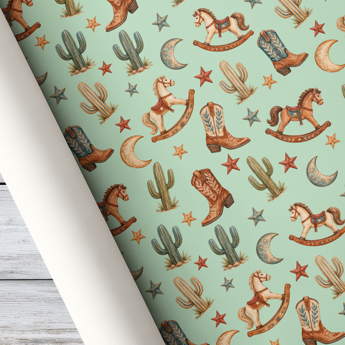 Western Cowboy Wrapping Paper, Rocking Horse and Cowboy Boots Wrapping Paper Rolls, Xmas Gift Wrap For Cowboys