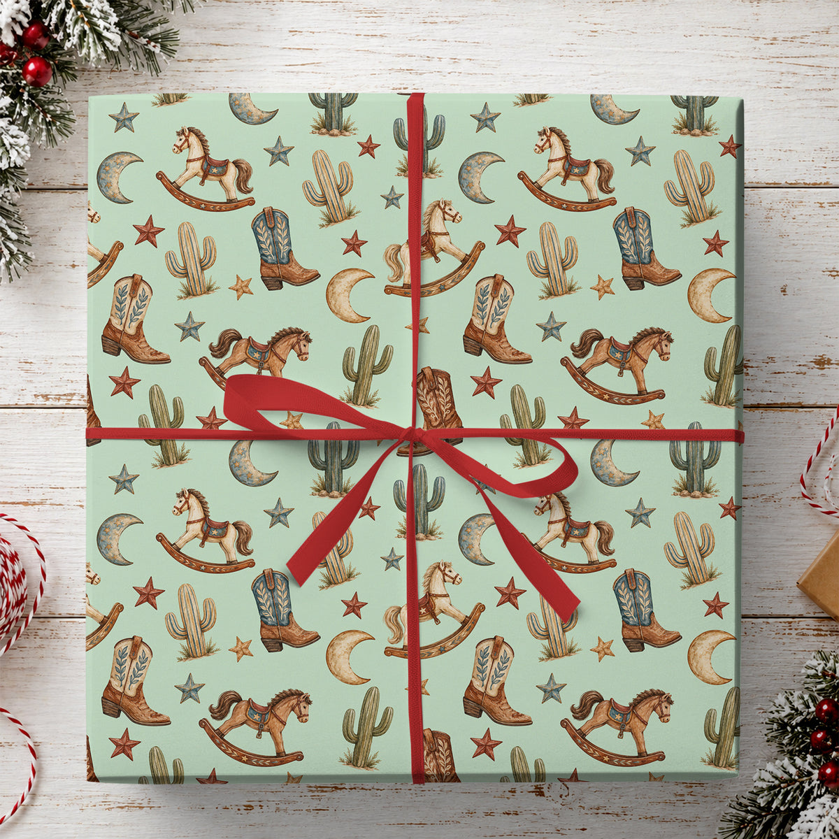 Western Cowboy Wrapping Paper, Rocking Horse and Cowboy Boots Wrapping Paper Rolls, Xmas Gift Wrap For Cowboys