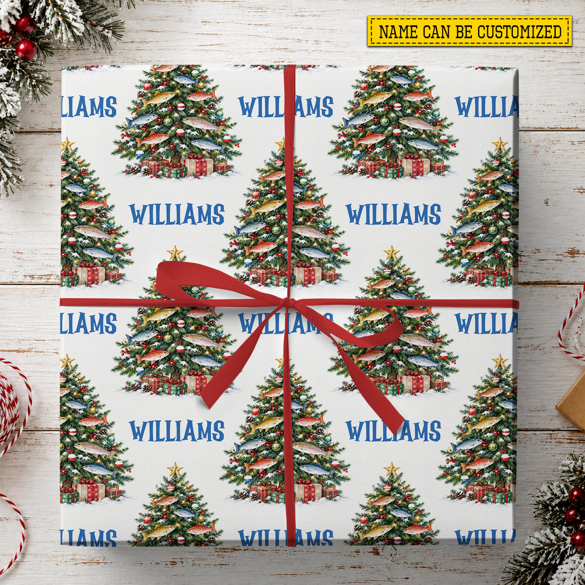 Personalized Christmas Fishing Wrapping Paper, Fish Christmas Tree Pattern Wrapping Paper Rolls, Xmas Gift Wrap For Fishing Lover