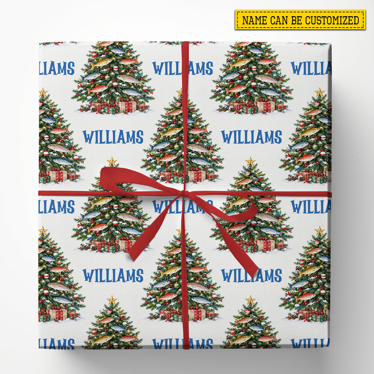 Personalized Christmas Fishing Wrapping Paper, Fish Christmas Tree Pattern Wrapping Paper Rolls, Xmas Gift Wrap For Fishing Lover