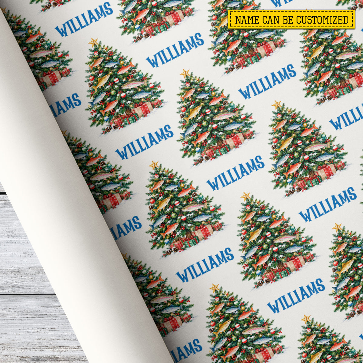 Personalized Christmas Fishing Wrapping Paper, Fish Christmas Tree Pattern Wrapping Paper Rolls, Xmas Gift Wrap For Fishing Lover