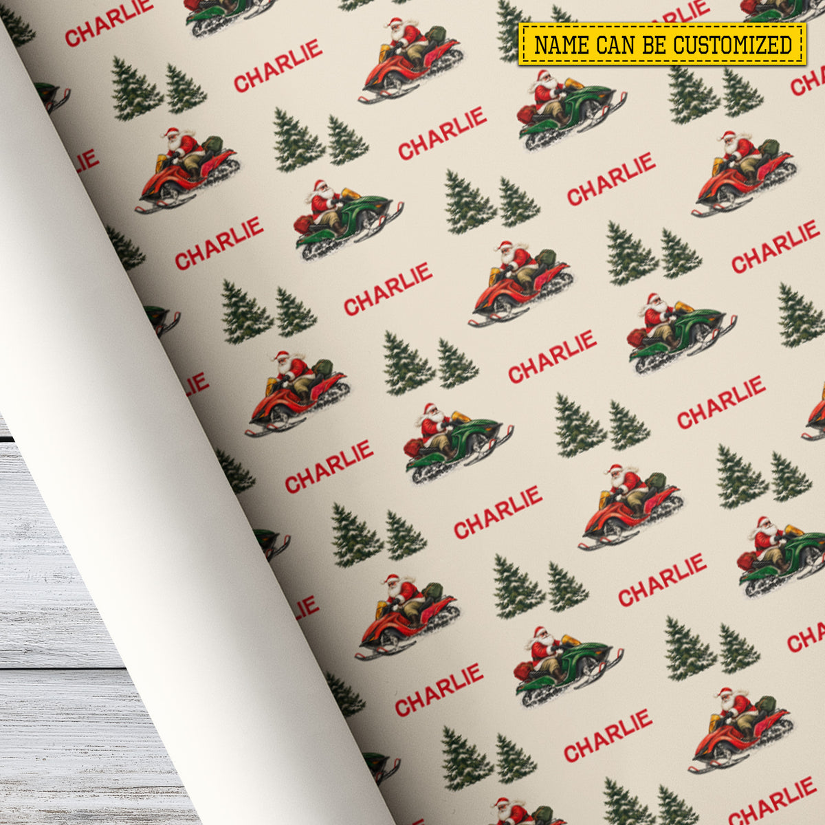 Vintage Personalized Christmas Snowmobile Wrapping Paper, Santa Rides A Snowmobile Wrapping Paper Rolls, Xmas Gift Wrap For Snowmobiling Lover