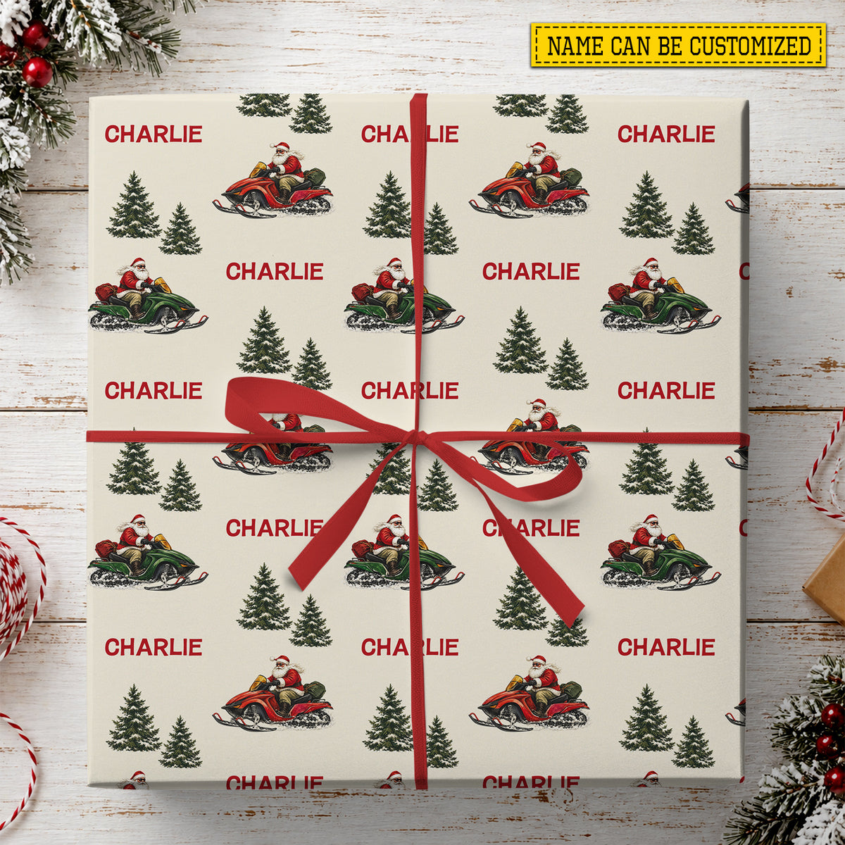 Vintage Personalized Christmas Snowmobile Wrapping Paper, Santa Rides A Snowmobile Wrapping Paper Rolls, Xmas Gift Wrap For Snowmobiling Lover
